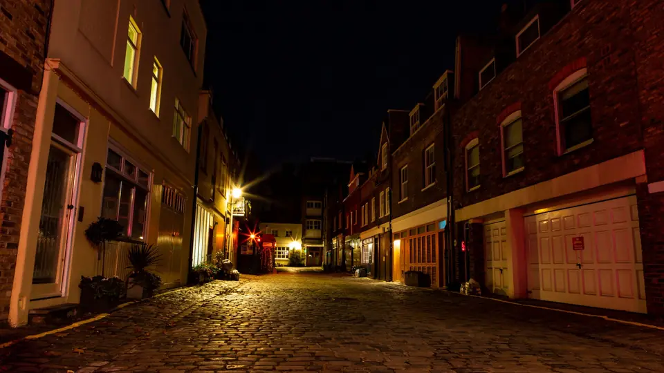 A quiet London street at night